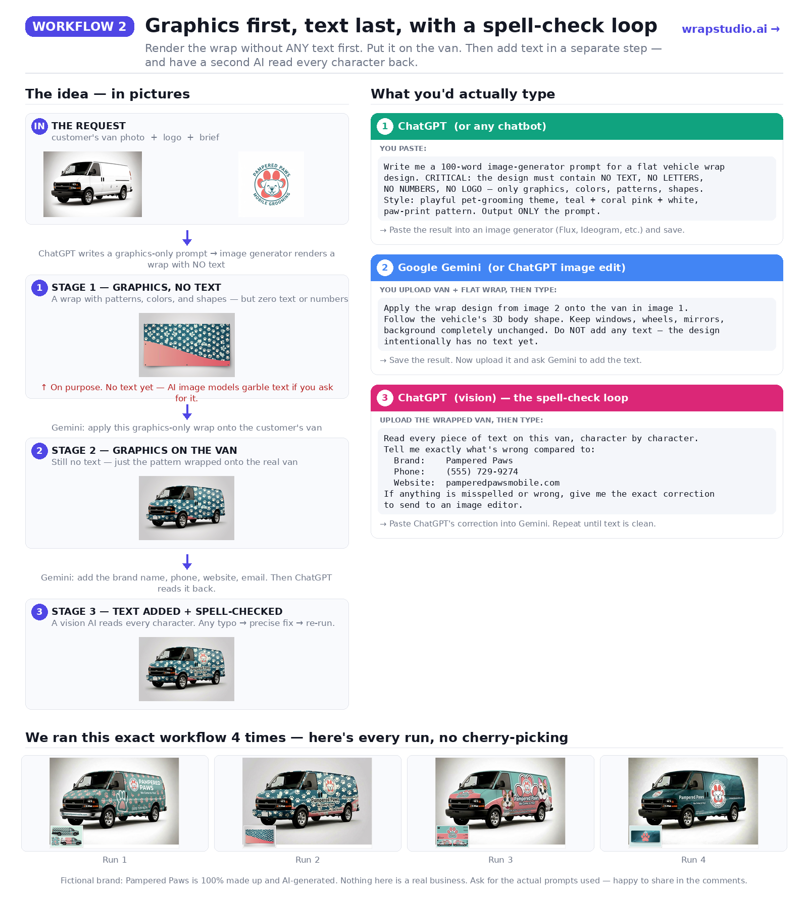 AI wrap design Workflow 2: graphics-only wrap first, then add text with AI spell-check loop — 4 test runs shown