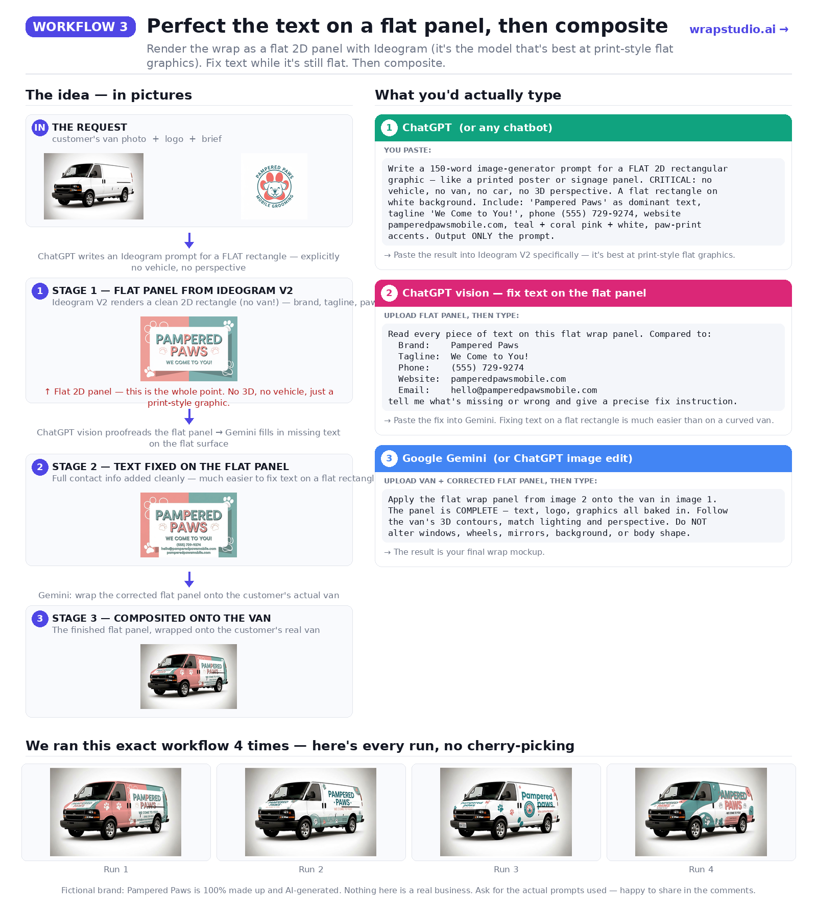Vehicle wrap Workflow 3: Ideogram V2 generates flat panel design, text fixed while flat, then composited onto van