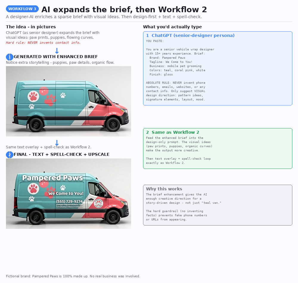 Workflow 3: AI enriches a sparse brief with creative visual ideas, then design-first generation with spell-check — step-by-step guide