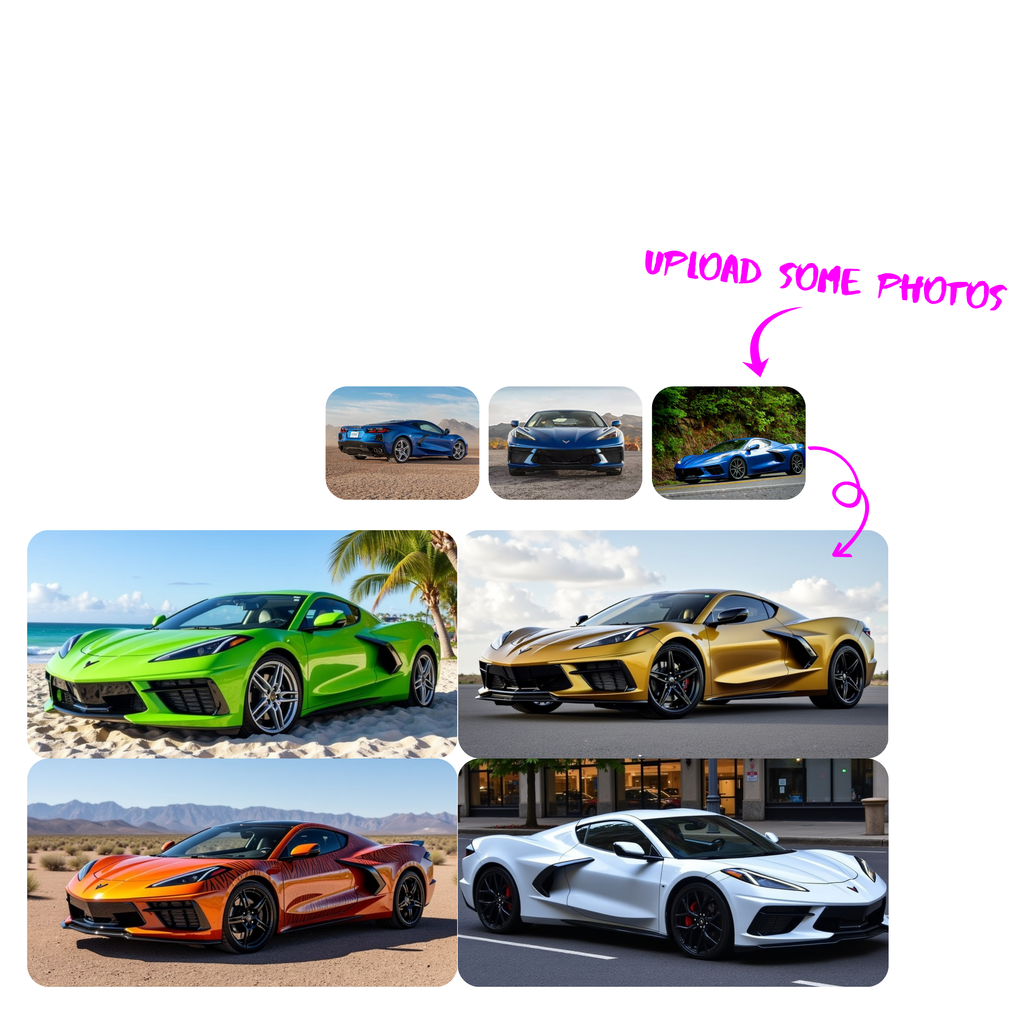 A collage of luxury sports cars in various vibrant colors including green, gold, orange, white, and blue, parked in scenic outdoor locations.