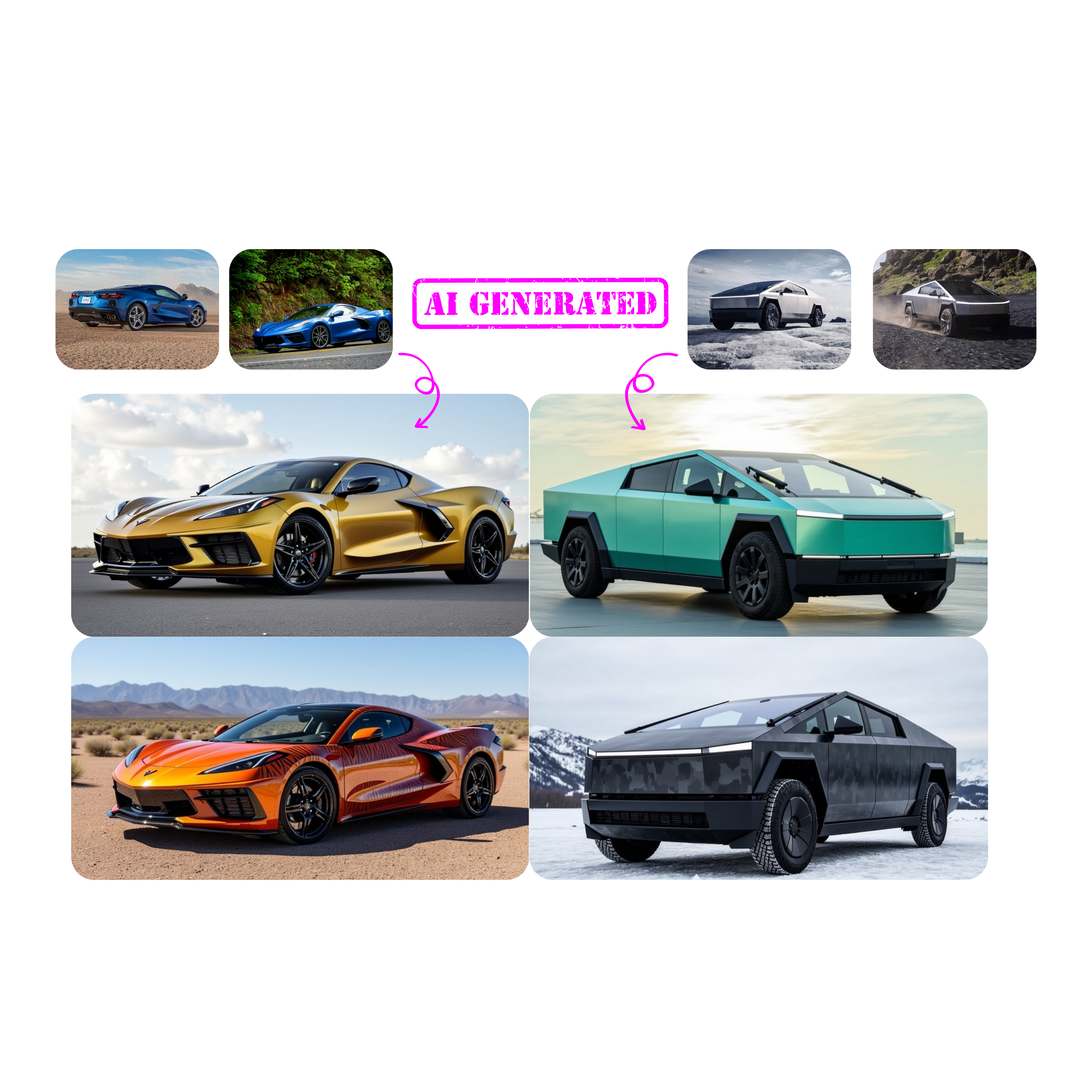 A combined collage of sports cars and futuristic cybertrucks. The sports cars include vibrant blue, gold, and orange models, while the trucks feature modern designs in teal and black, labeled 'AI Generated' in parts.