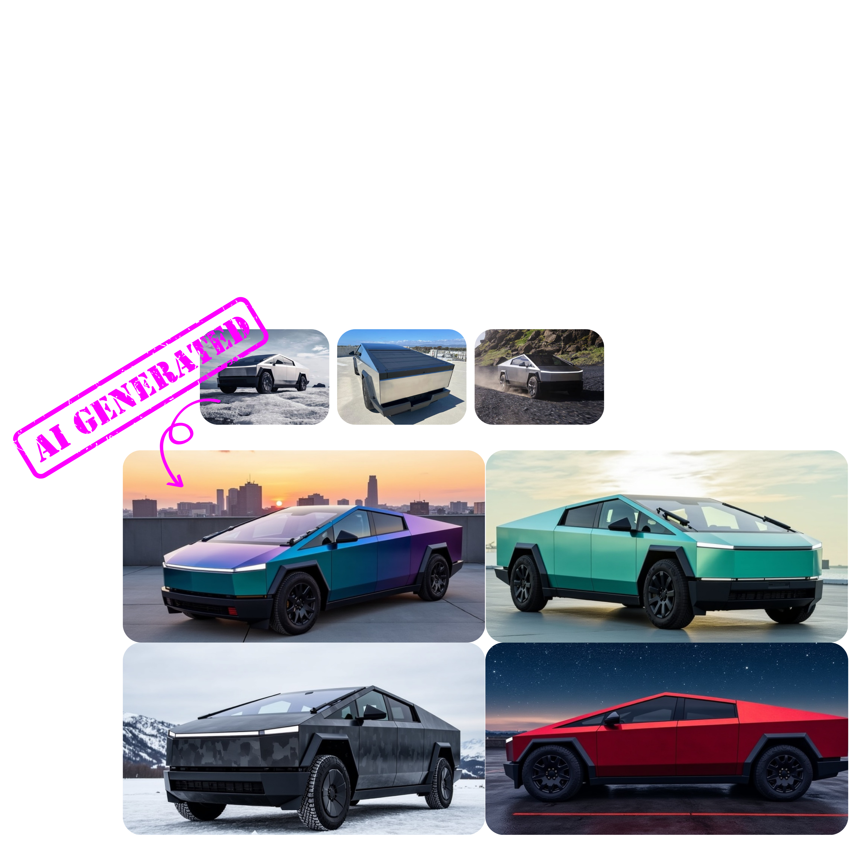 A collection of futuristic cybertrucks in various bold colors including purple, teal, black, and red, parked in diverse scenic settings like cityscapes, snowy areas, and nighttime, labeled 'AI Generated' in parts